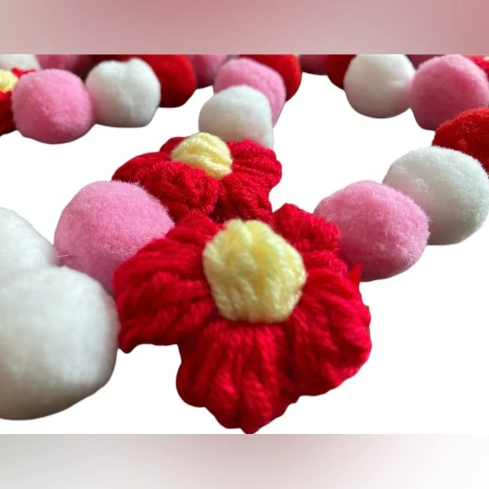 6ft Valentine's Day Red Pink White Florals Pom Pom Garland Handmade copper wire